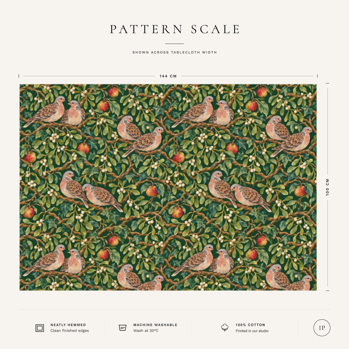 Pattern scale of the Turtle Doves and Mistletoe Christmas tablecloth in green across its 144 cm width, with care notes