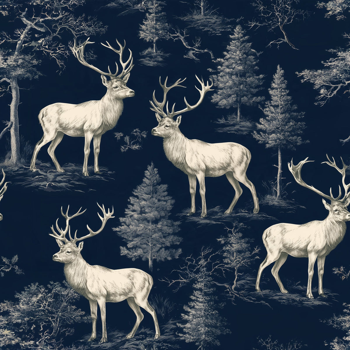 Stag Woodland Christmas print: ivory stags and winter trees on navy