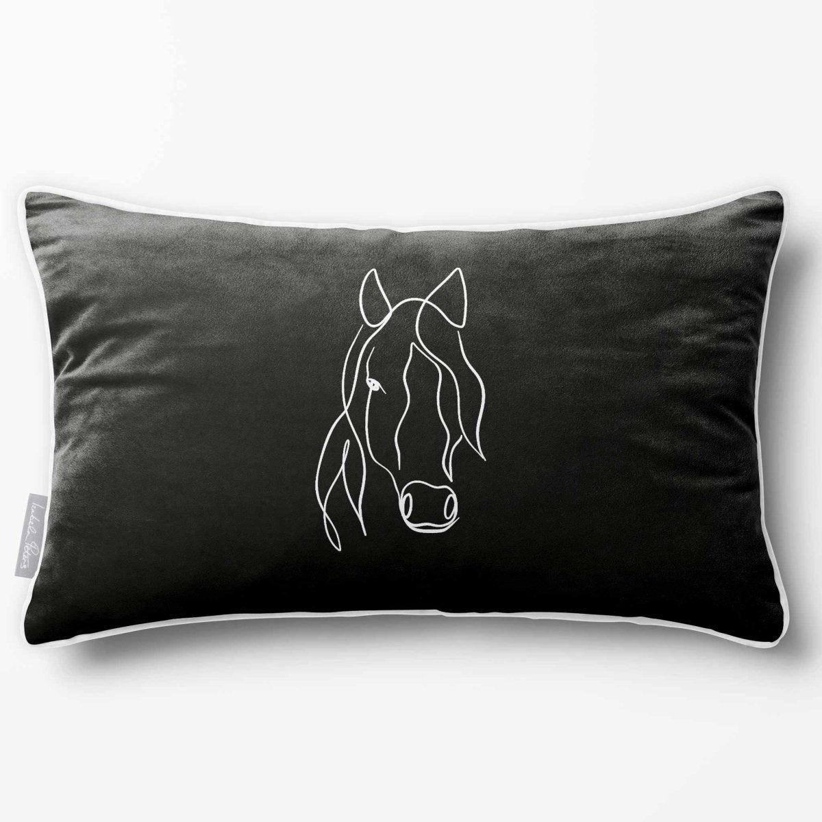 Horse | Sustainable Velvet Rectangle Cushion - Black & White 50 x 30 cm Piped by Izabela Peters