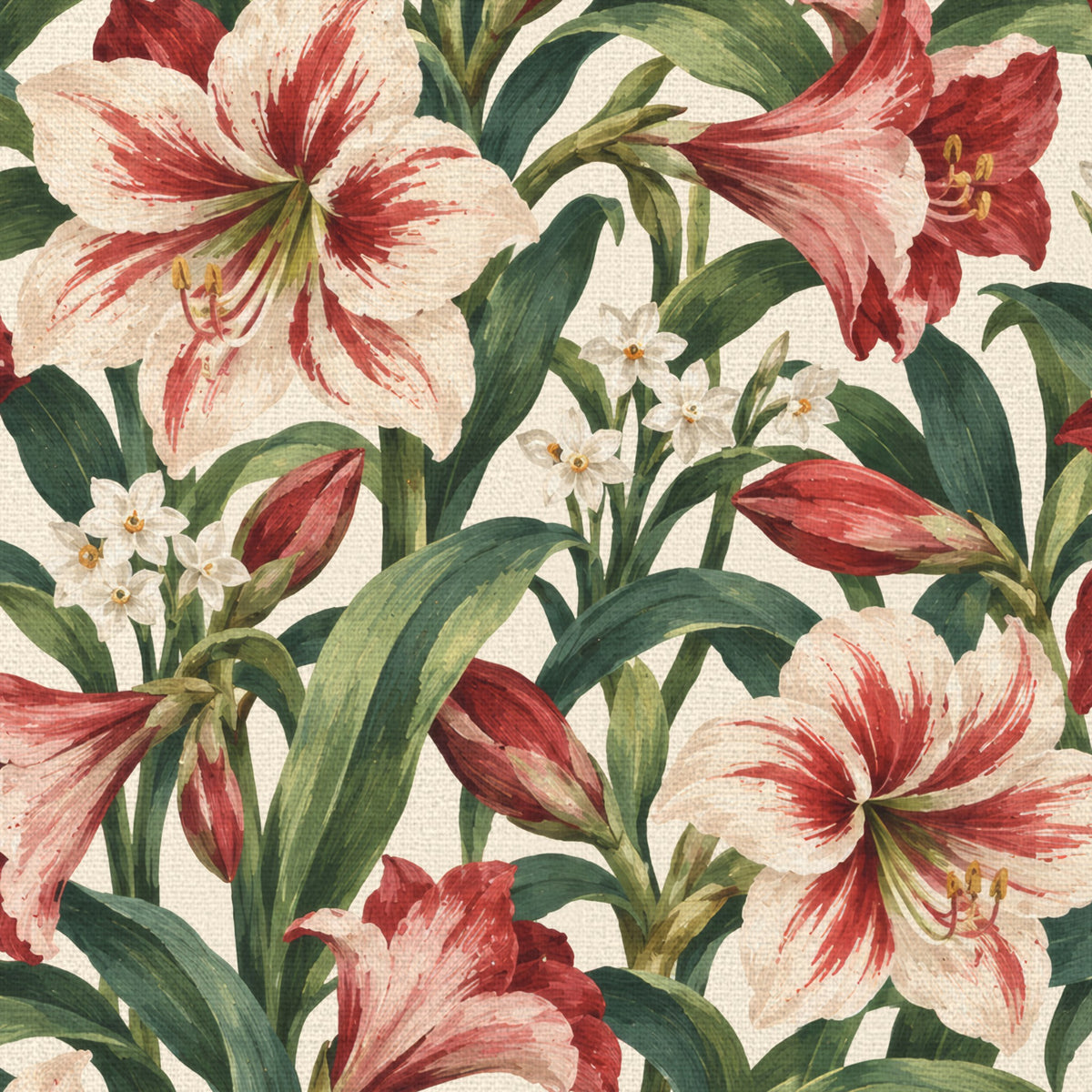 Close-up of the ivory Amaryllis Christmas napkin print on cotton, showing amaryllis flowers among long leaves
