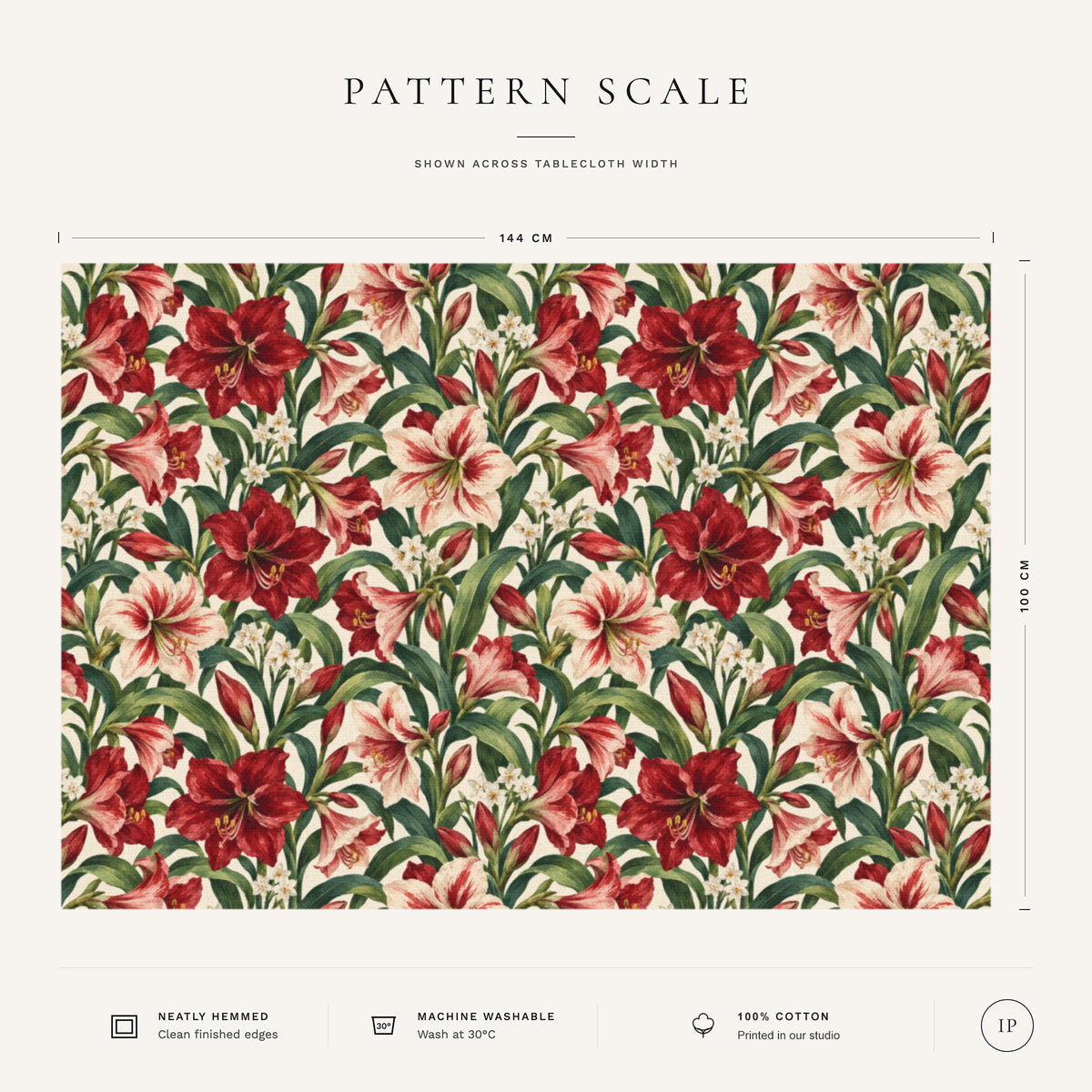 Pattern scale of the Amaryllis Christmas tablecloth in ivory across its 144 cm width, with care notes