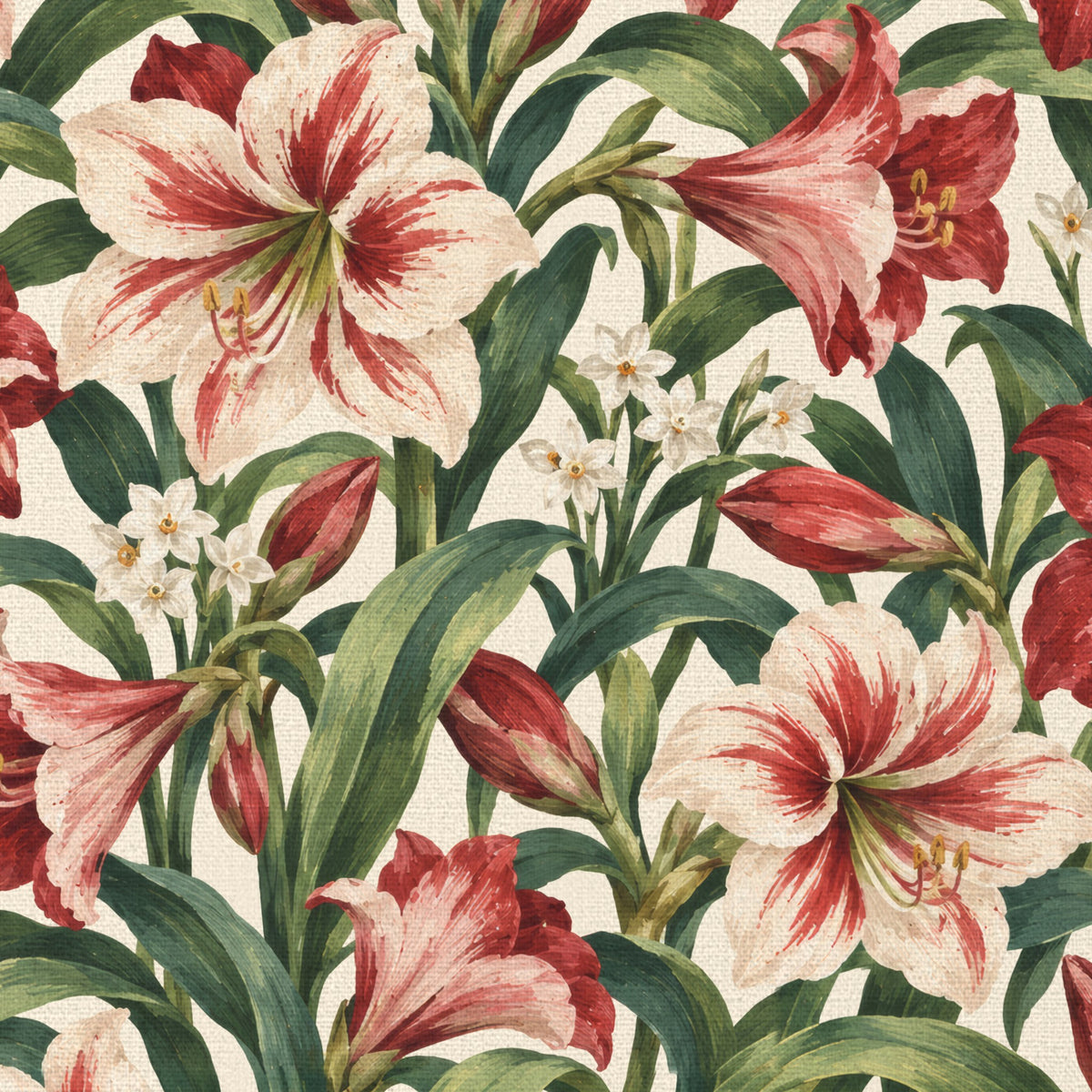 Close-up of the ivory Amaryllis Christmas tablecloth print on cotton, showing amaryllis flowers among long leaves
