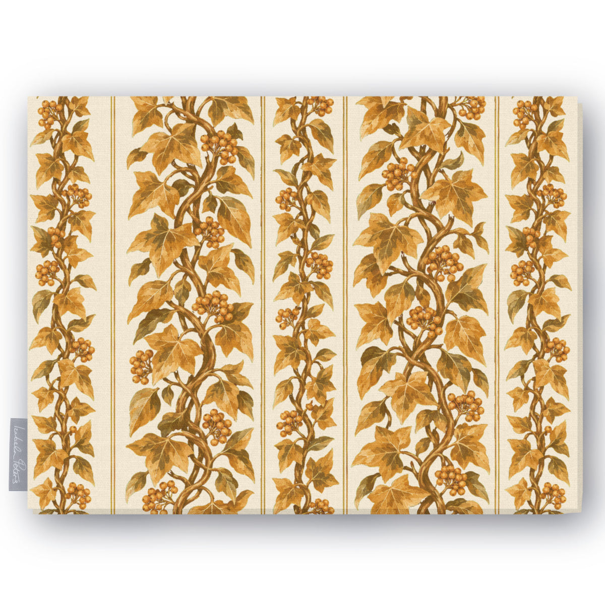 Gilded Ivy Christmas tablecloth in ivory and gold, folded on white, showing trails of gold ivy and berries