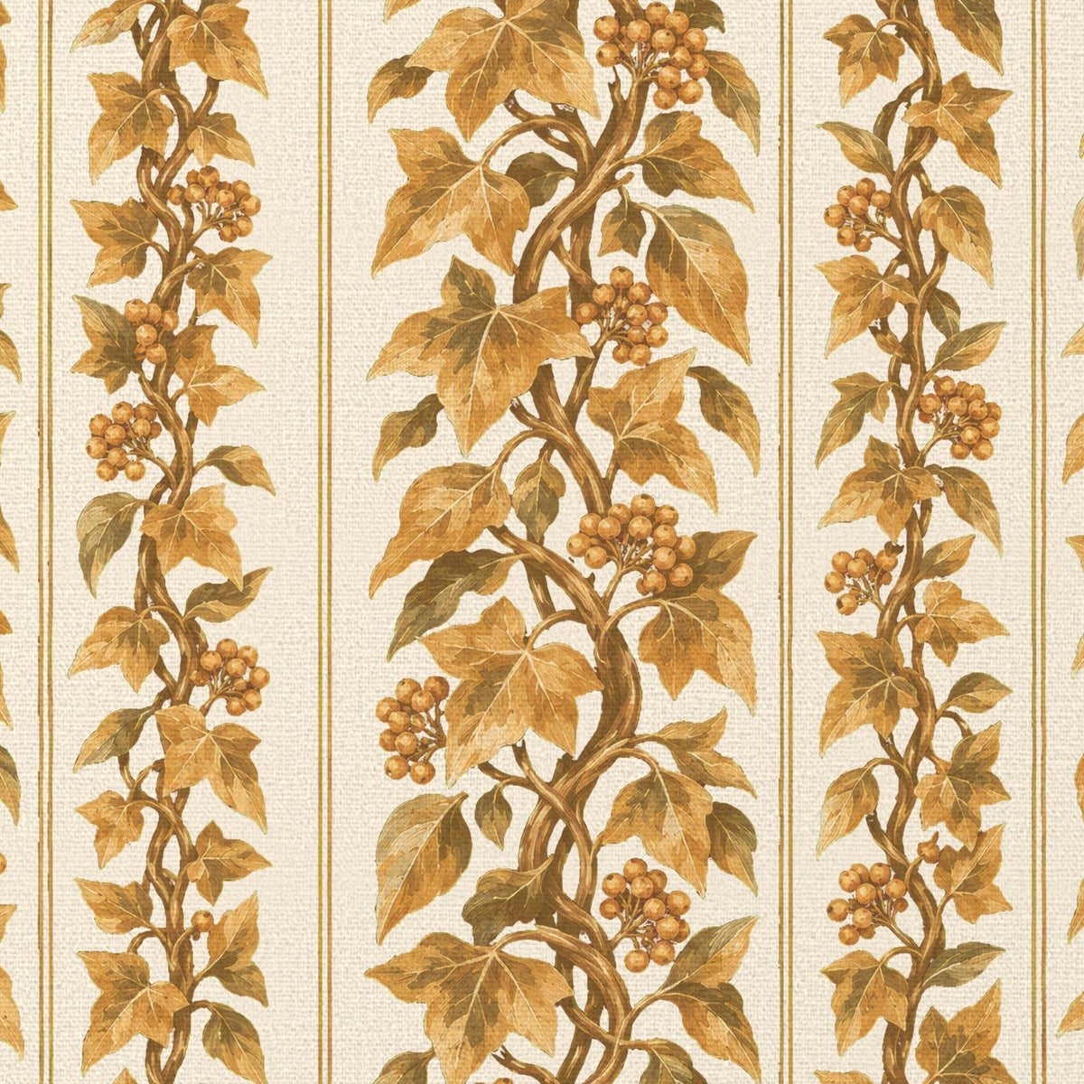 Close-up of the Gilded Ivy Christmas tablecloth print in ivory and gold on cotton, showing trails of gold ivy and berries