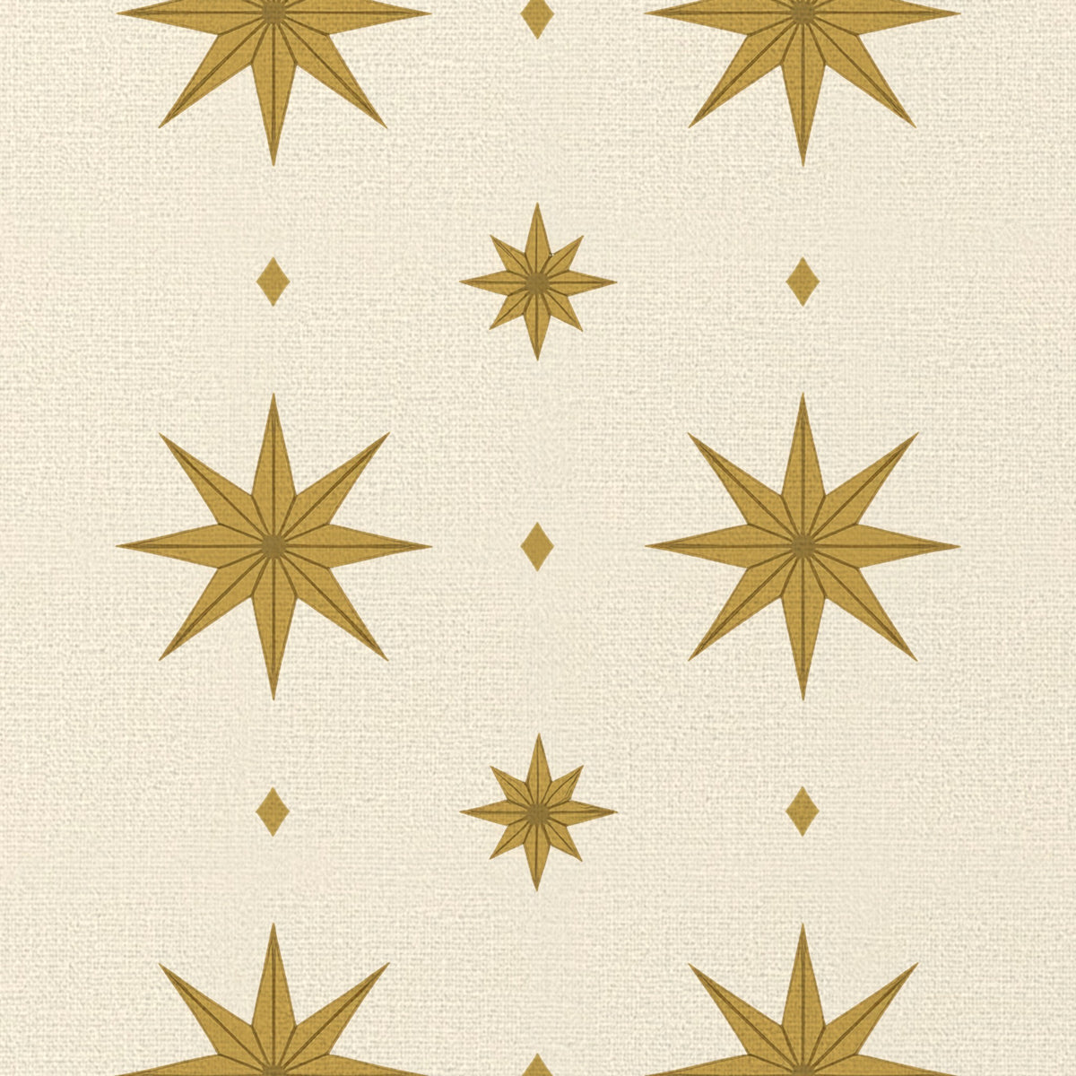 Close-up of the Stars Christmas table runner print in ivory and gold on cotton, showing large gold eight-pointed stars