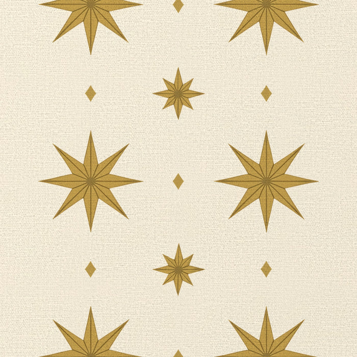 Close-up of the Stars Christmas table runner print in ivory and gold on cotton, showing large gold eight-pointed stars