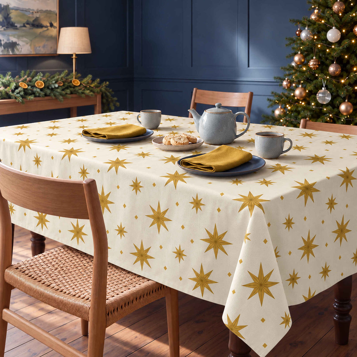 Ivory and gold Stars Christmas tablecloth draped over a dining table with a blue-grey tea set, shortbread and gold napkins in daylight.