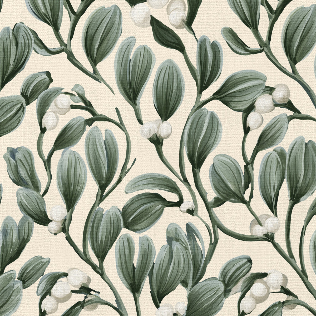 Close-up of the ivory Mistletoe Christmas table runner print on cotton, showing sprigs of mistletoe with white berries