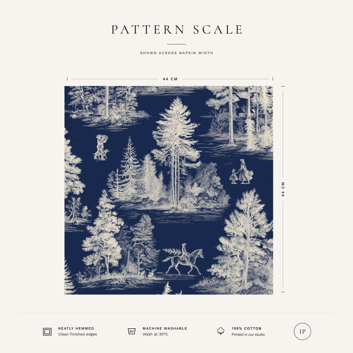 Ivory on navy Fir Forest Toile Christmas napkin pattern scale, showing the full 44 cm by 44 cm design.