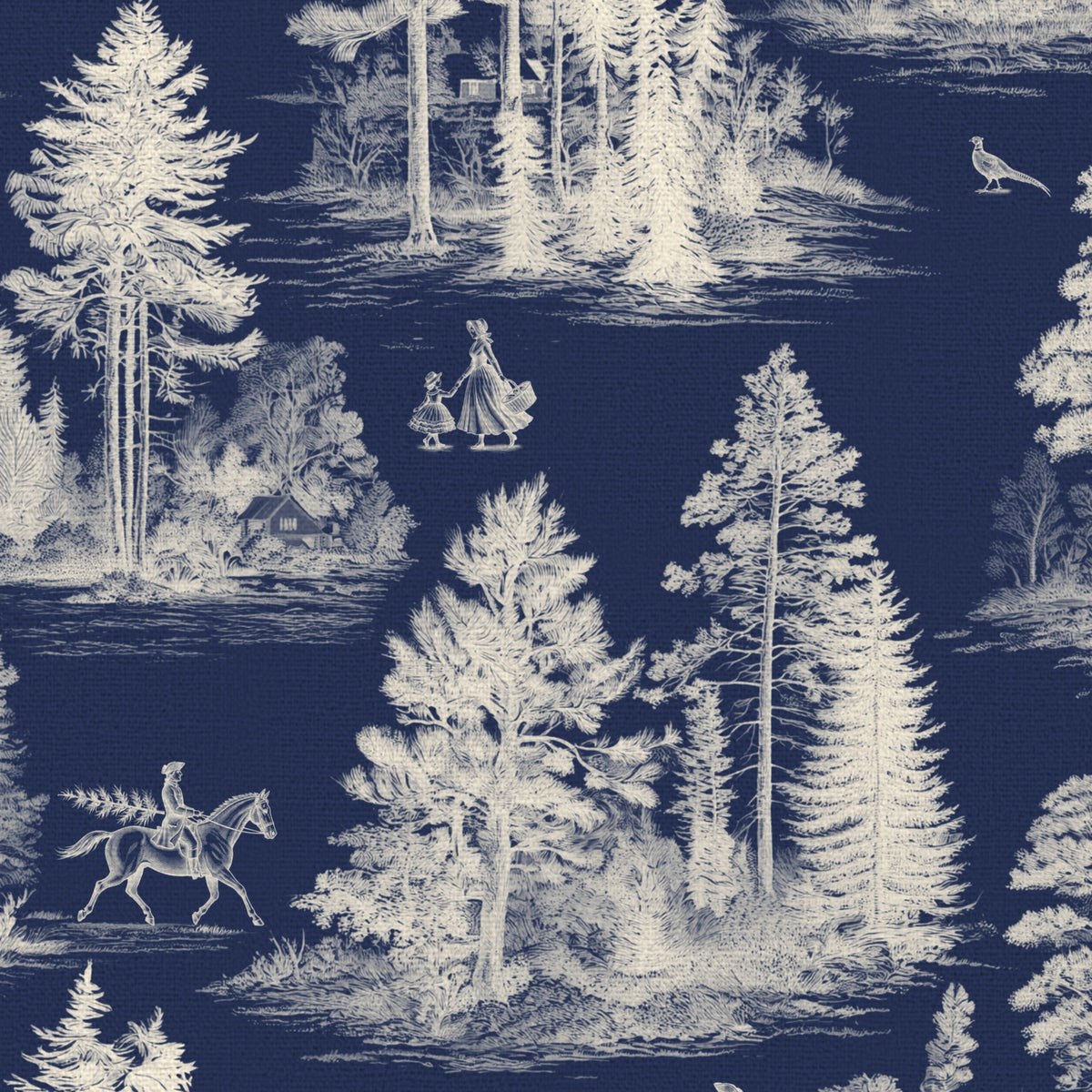 Close-up of the Fir Forest Toile Christmas table runner print in ivory on navy cotton, showing fir trees and a rider