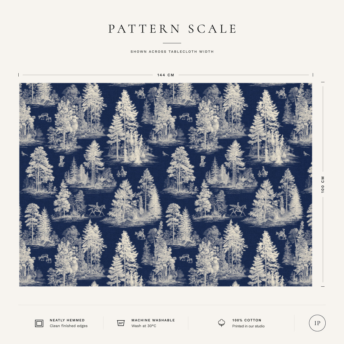 Pattern scale of the Fir Forest Toile Christmas tablecloth in ivory on navy across its 144 cm width, with care notes