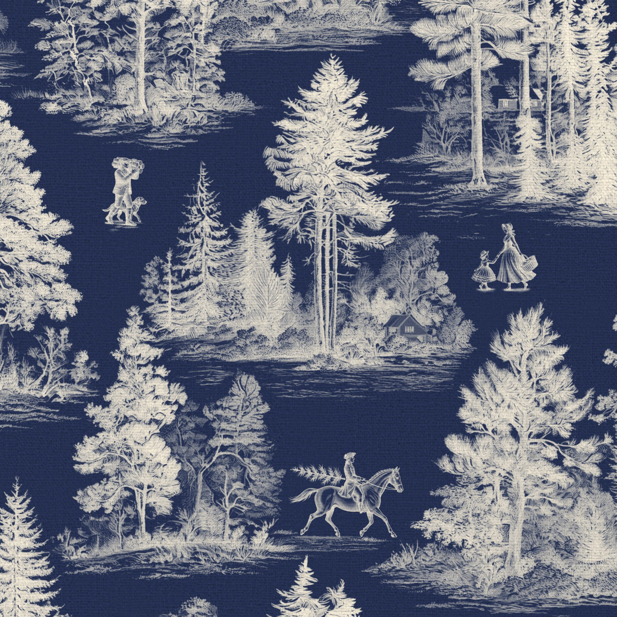 Close-up of the Fir Forest Toile Christmas tablecloth print in ivory on navy cotton, showing fir trees and a rider
