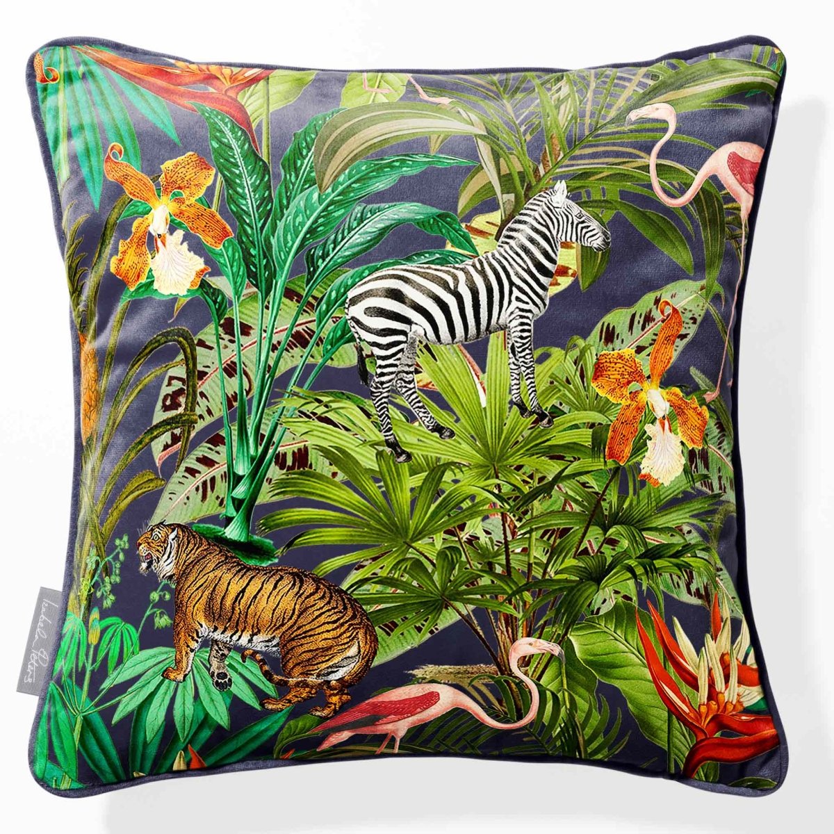 Jungle Fusion | Sustainable Velvet Cushion - Graphite 40 x 40 cm Piped by Izabela Peters