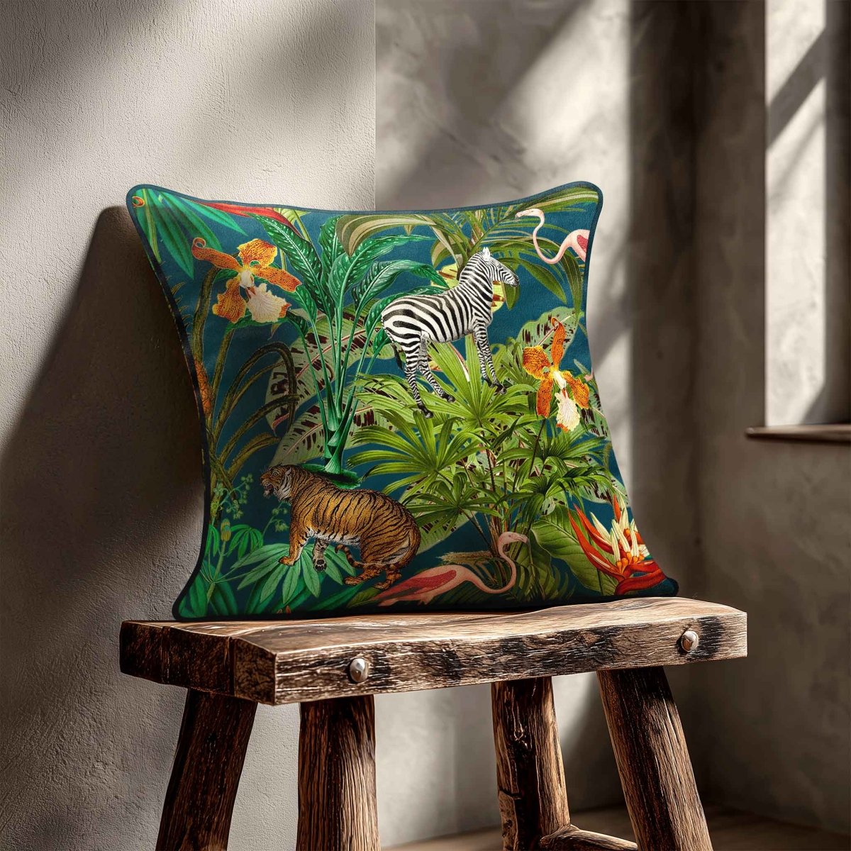 Jungle Fusion | Sustainable Velvet Cushion - Teal 40 x 40 cm Piped by Izabela Peters