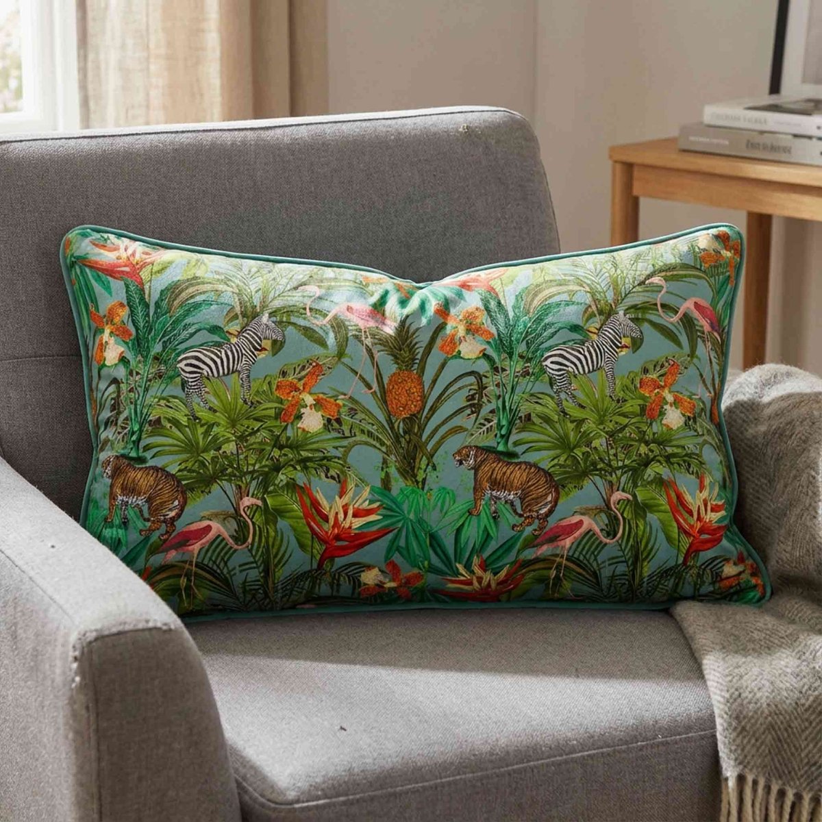 Jungle Fusion | Sustainable Velvet Rectangle Cushion - Blue Surf 50 x 30 cm Piped by Izabela Peters