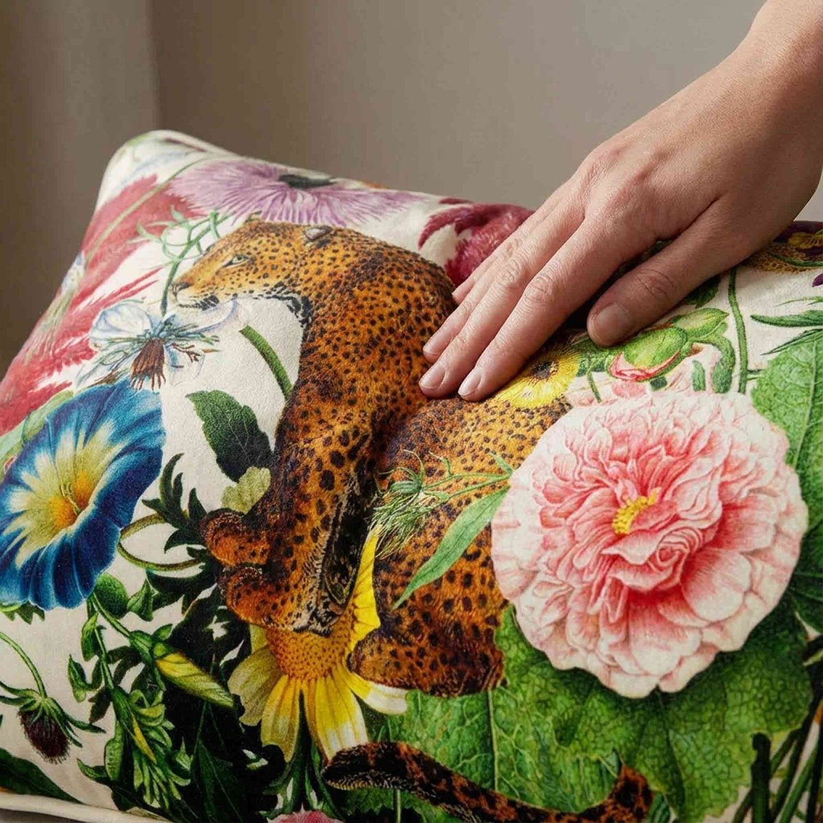 Junglescape | Sustainable Velvet Rectangle Cushion - Ivory Cream 50 x 30 cm Standard by Izabela Peters