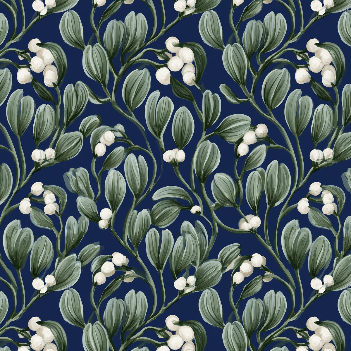 Mistletoe Christmas print: mistletoe and white berries on navy