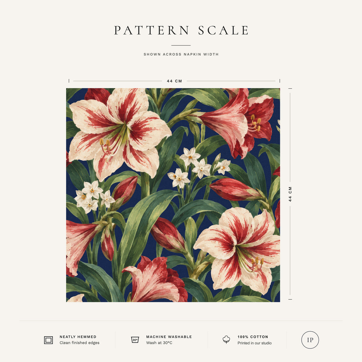 Navy Amaryllis Christmas napkin pattern scale, showing the full 44 cm by 44 cm design.