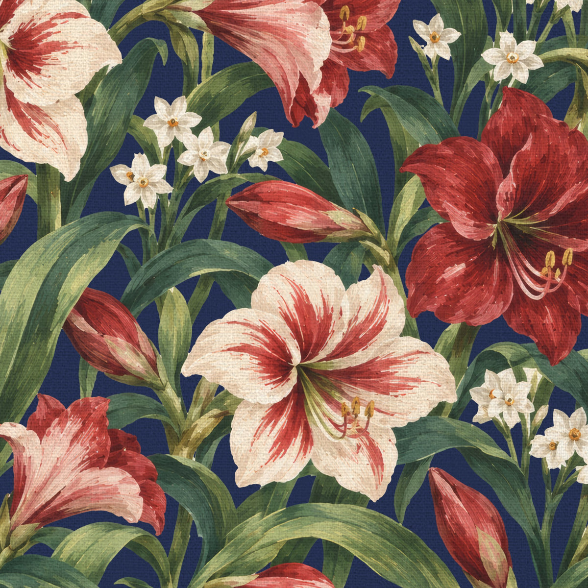 Close-up of the navy Amaryllis Christmas table runner print on cotton, showing amaryllis flowers among long leaves