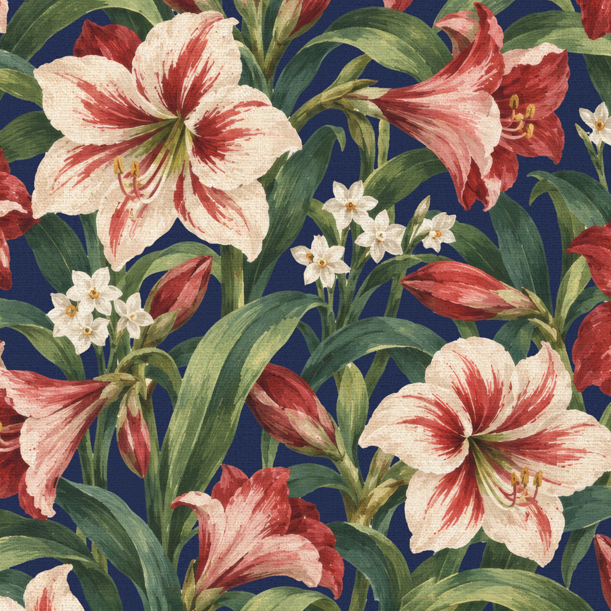 Close-up of the navy Amaryllis Christmas tablecloth print on cotton, showing amaryllis flowers among long leaves