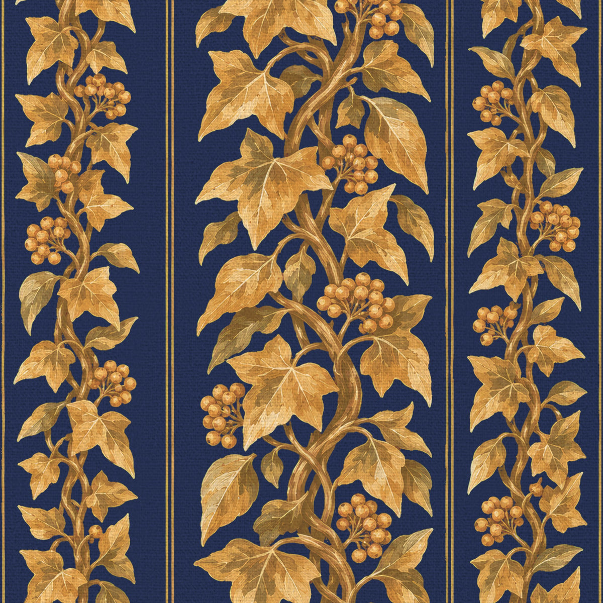Close-up of the Gilded Ivy Christmas napkin print in navy and gold on cotton, showing trails of gold ivy and berries