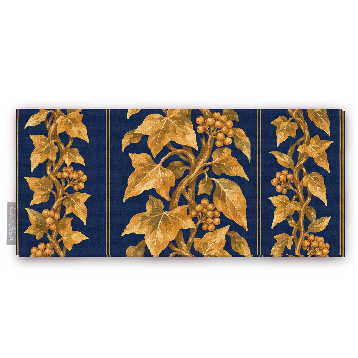Gilded Ivy Christmas table runner in navy and gold, folded on white, showing trails of gold ivy and berries