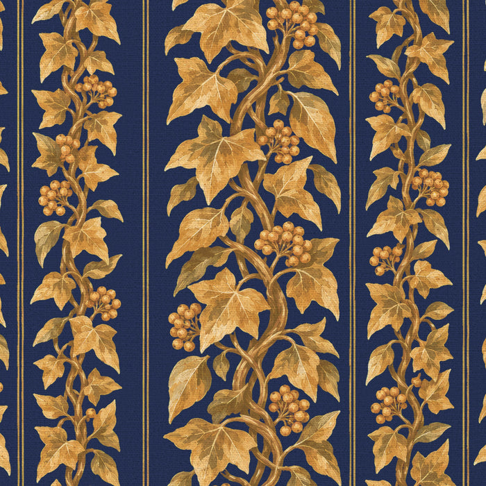 Close-up of the Gilded Ivy Christmas tablecloth print in navy and gold on cotton, showing trails of gold ivy and berries