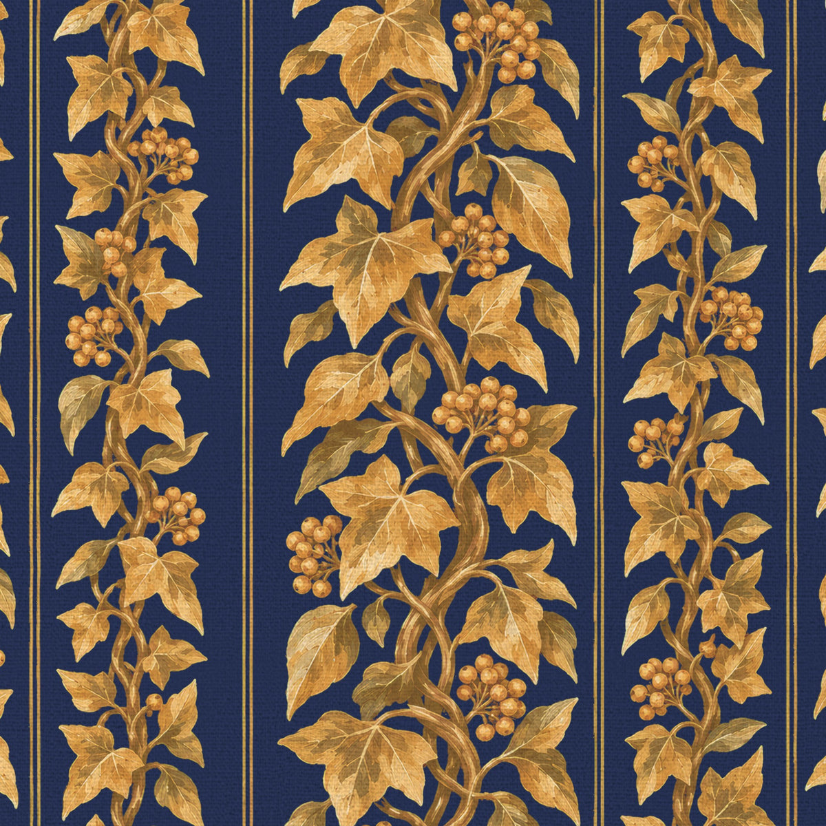 Close-up of the Gilded Ivy Christmas tablecloth print in navy and gold on cotton, showing trails of gold ivy and berries