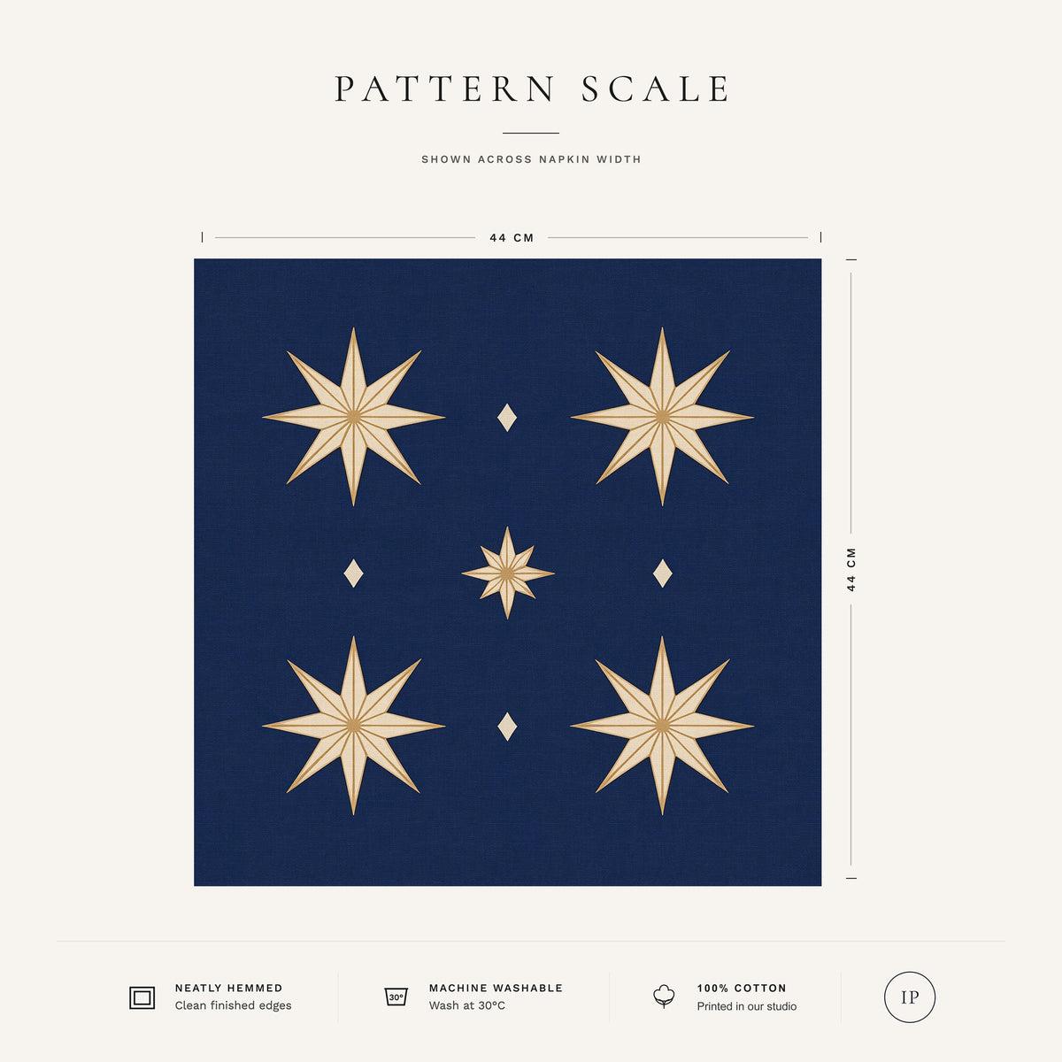 Navy and gold Stars Christmas napkin pattern scale, showing the full 44 cm by 44 cm design.