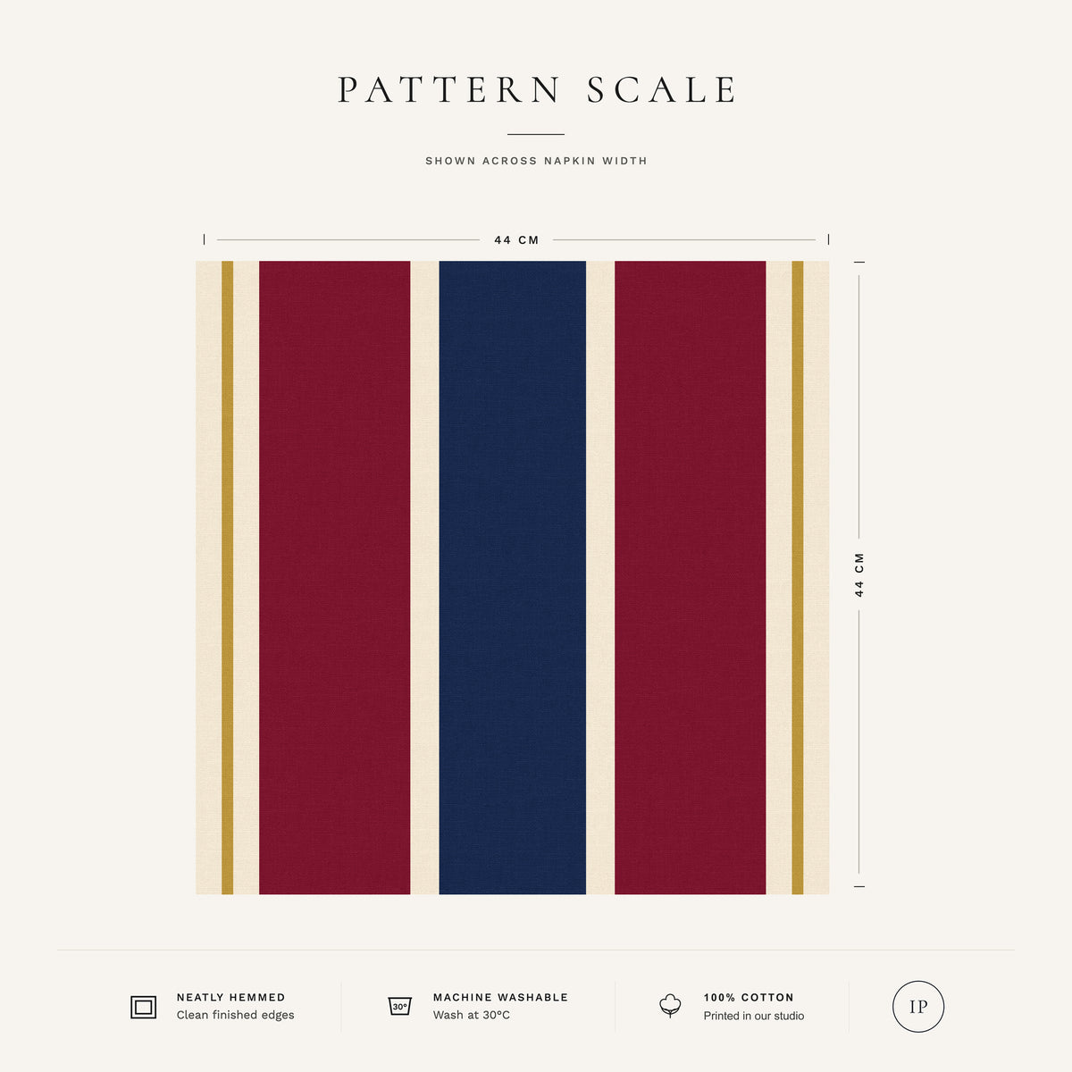 Navy, burgundy and gold Signature Stripe Christmas napkin pattern scale, showing the full 44 cm by 44 cm design.