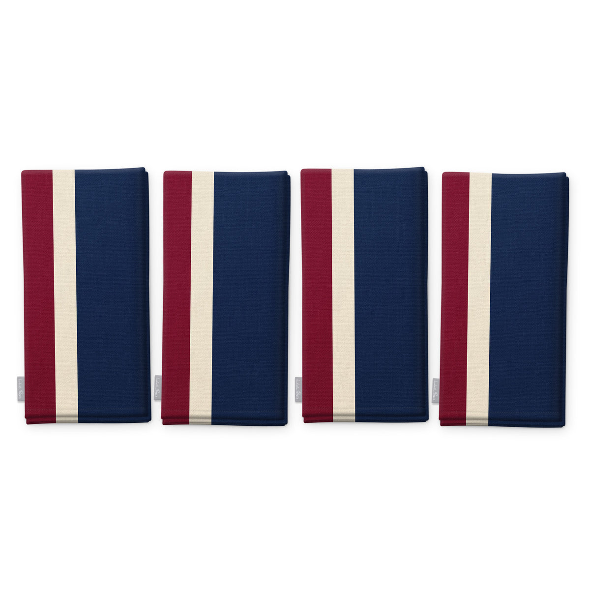 Signature Stripe Christmas napkins in navy, burgundy and gold, set of four, folded on white, showing the same broad stripes