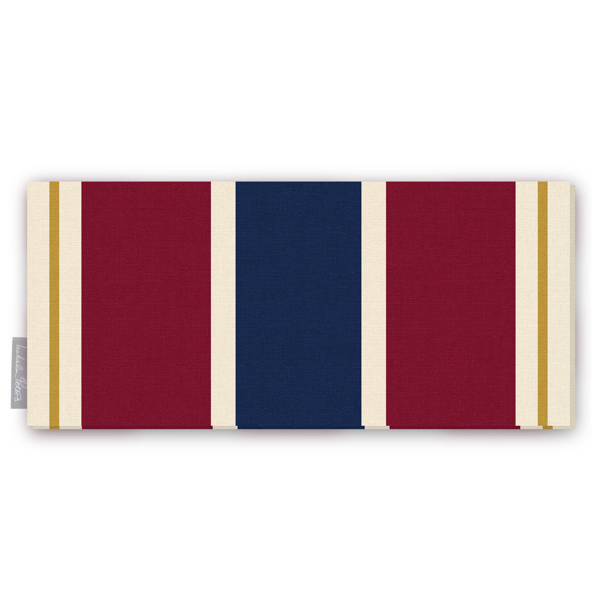 Signature Stripe Christmas table runner in navy, burgundy and gold, folded on white, showing broad stripes