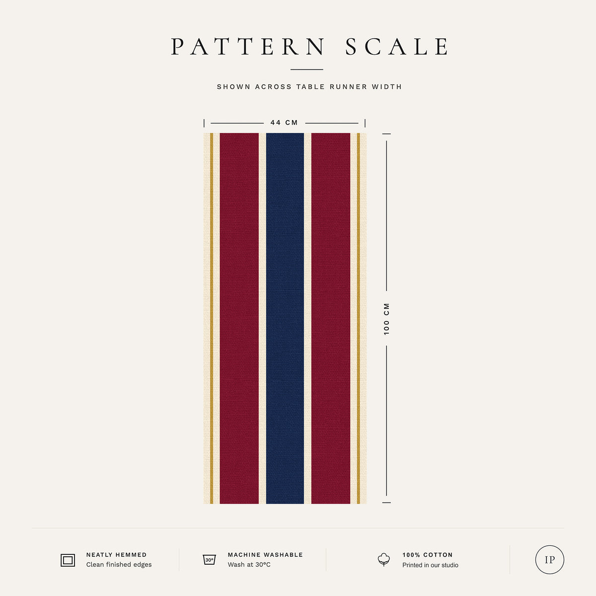 Pattern scale of the Signature Stripe table runner in navy, burgundy and gold across its 44 cm width, with care notes