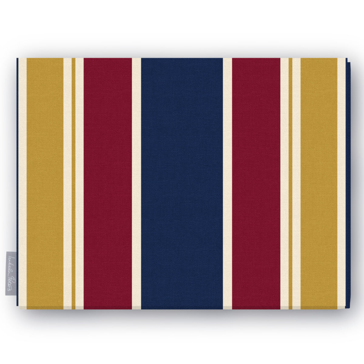 Signature Stripe Christmas tablecloth in navy, burgundy and gold, folded on white, showing broad stripes