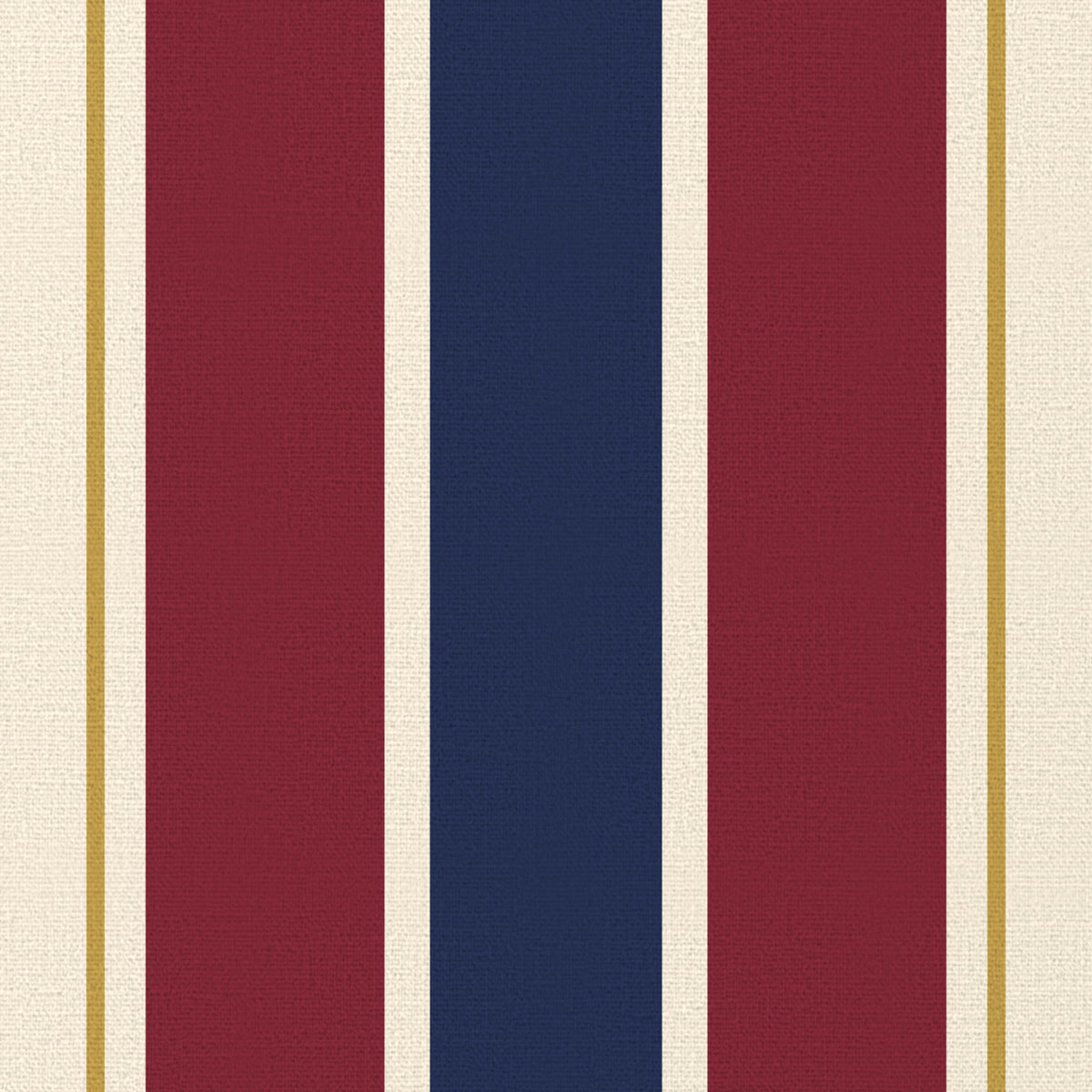 Close-up of the Signature Stripe Christmas tablecloth print in navy, burgundy and gold on cotton, showing broad stripes