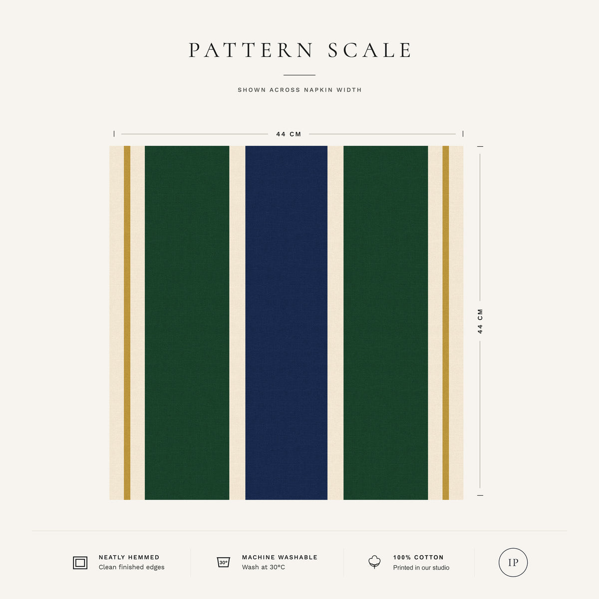 Navy, green and burgundy Signature Stripe Christmas napkin pattern scale, showing the full 44 cm by 44 cm design.