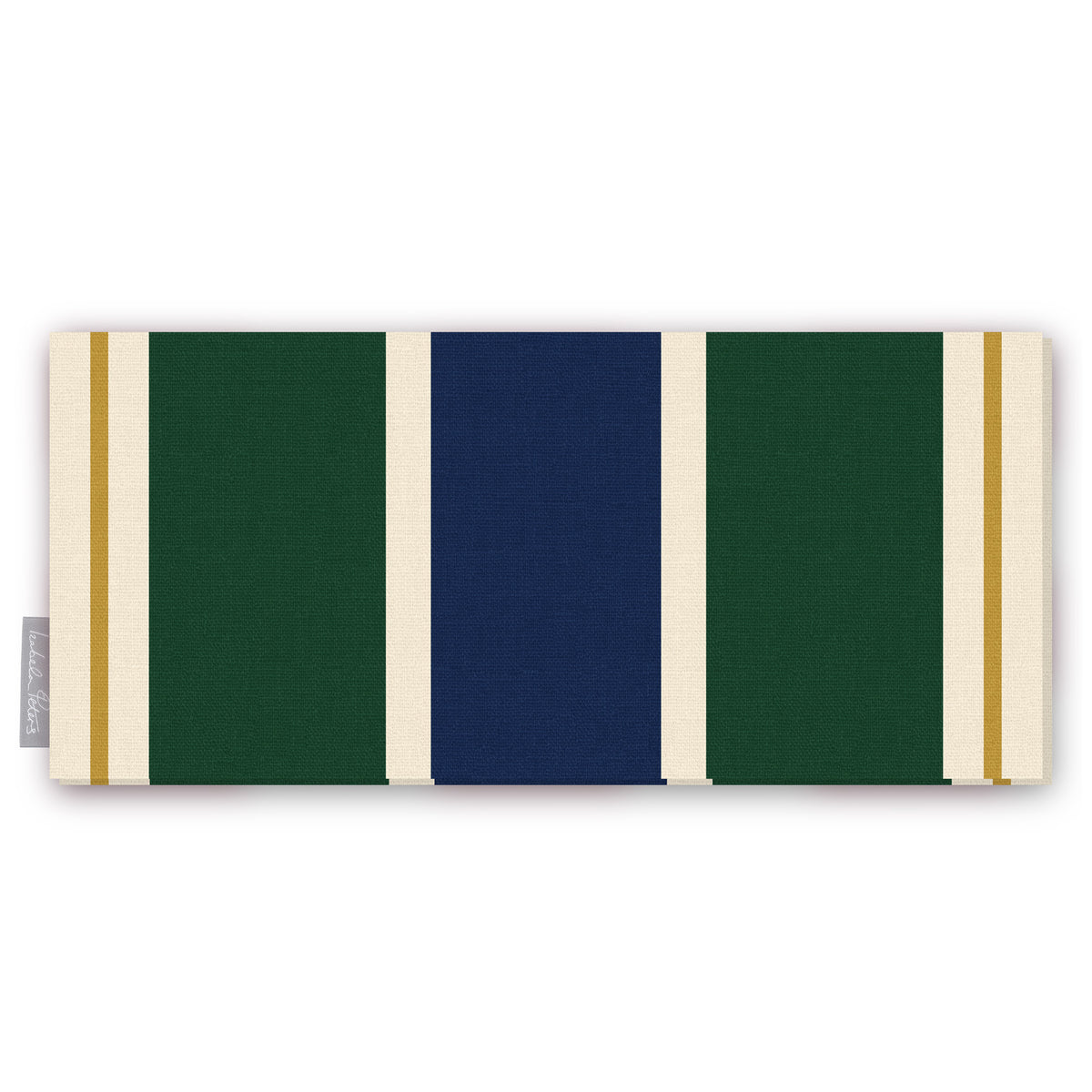 Signature Stripe Christmas table runner in navy, green and burgundy, folded on white, showing broad stripes