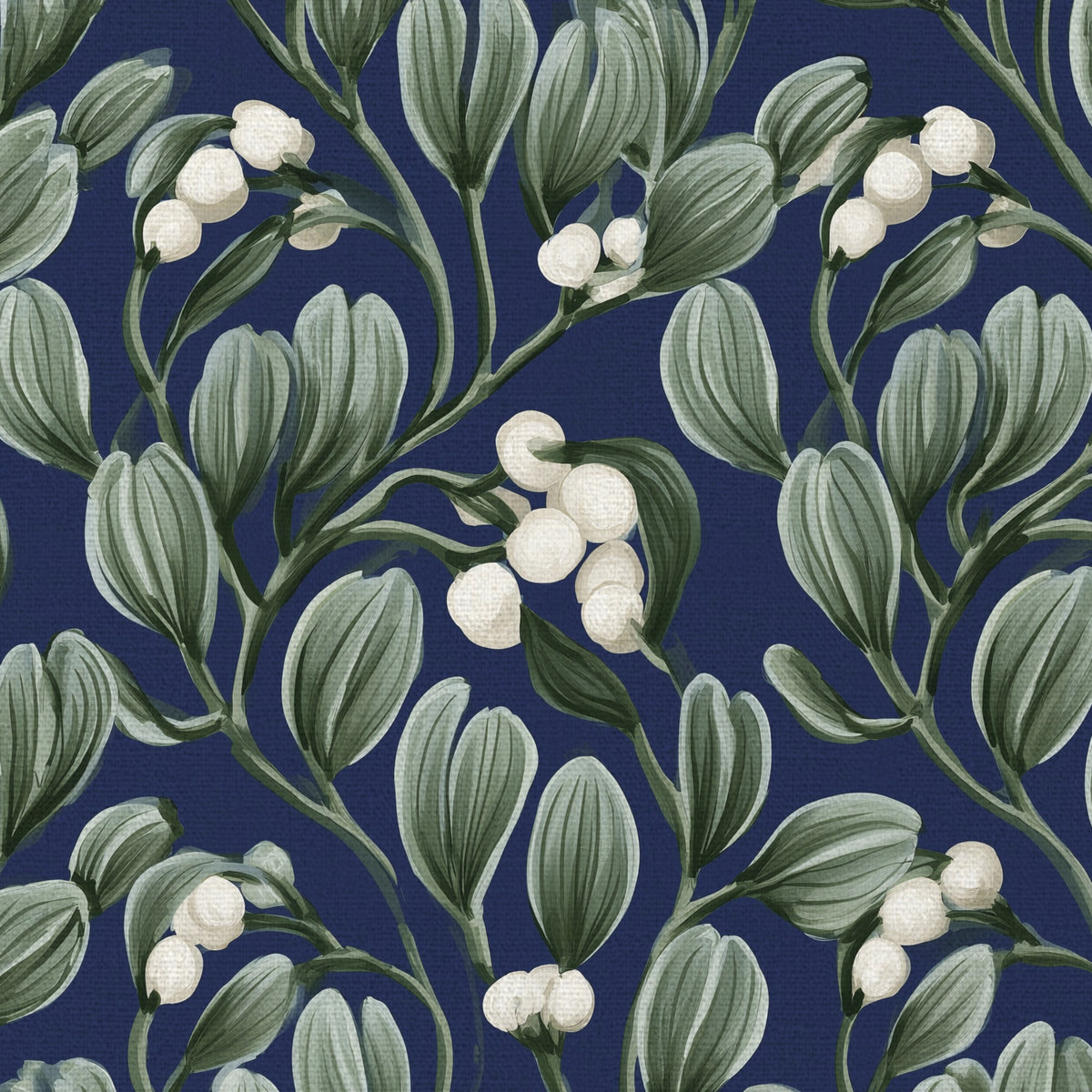 Close-up of the navy Mistletoe Christmas napkin print on cotton, showing sprigs of mistletoe with white berries