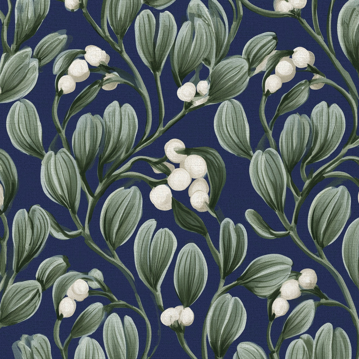Close-up of the navy Mistletoe Christmas tablecloth print on cotton, showing sprigs of mistletoe with white berries