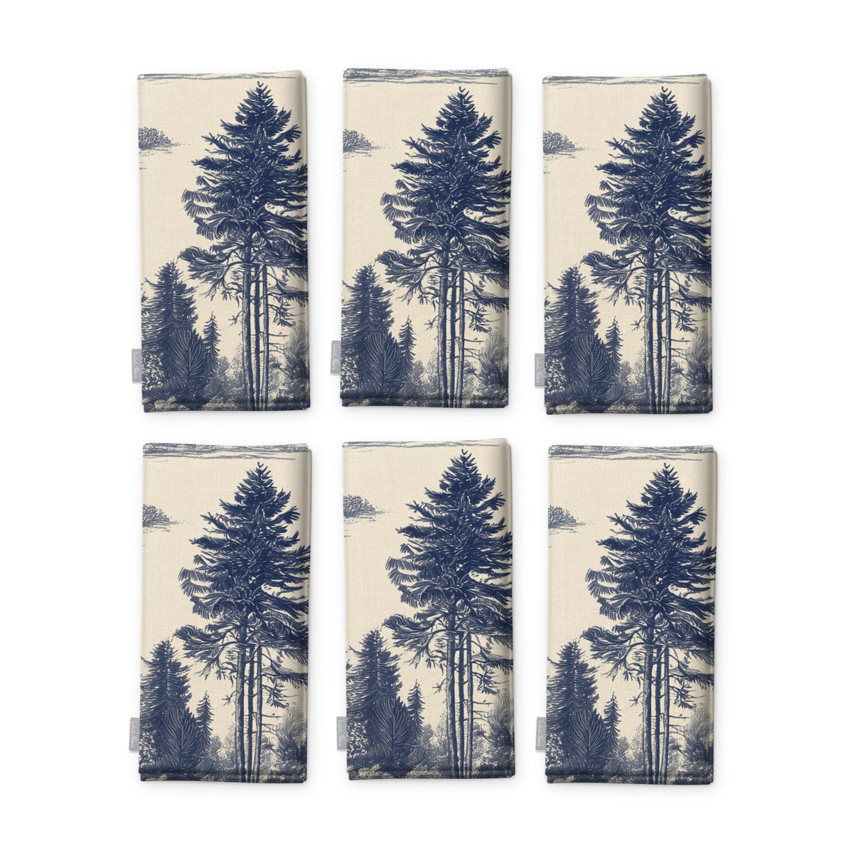 Fir Forest Toile Christmas napkins in navy on ivory, set of six folded napkins showing the same tall fir tree