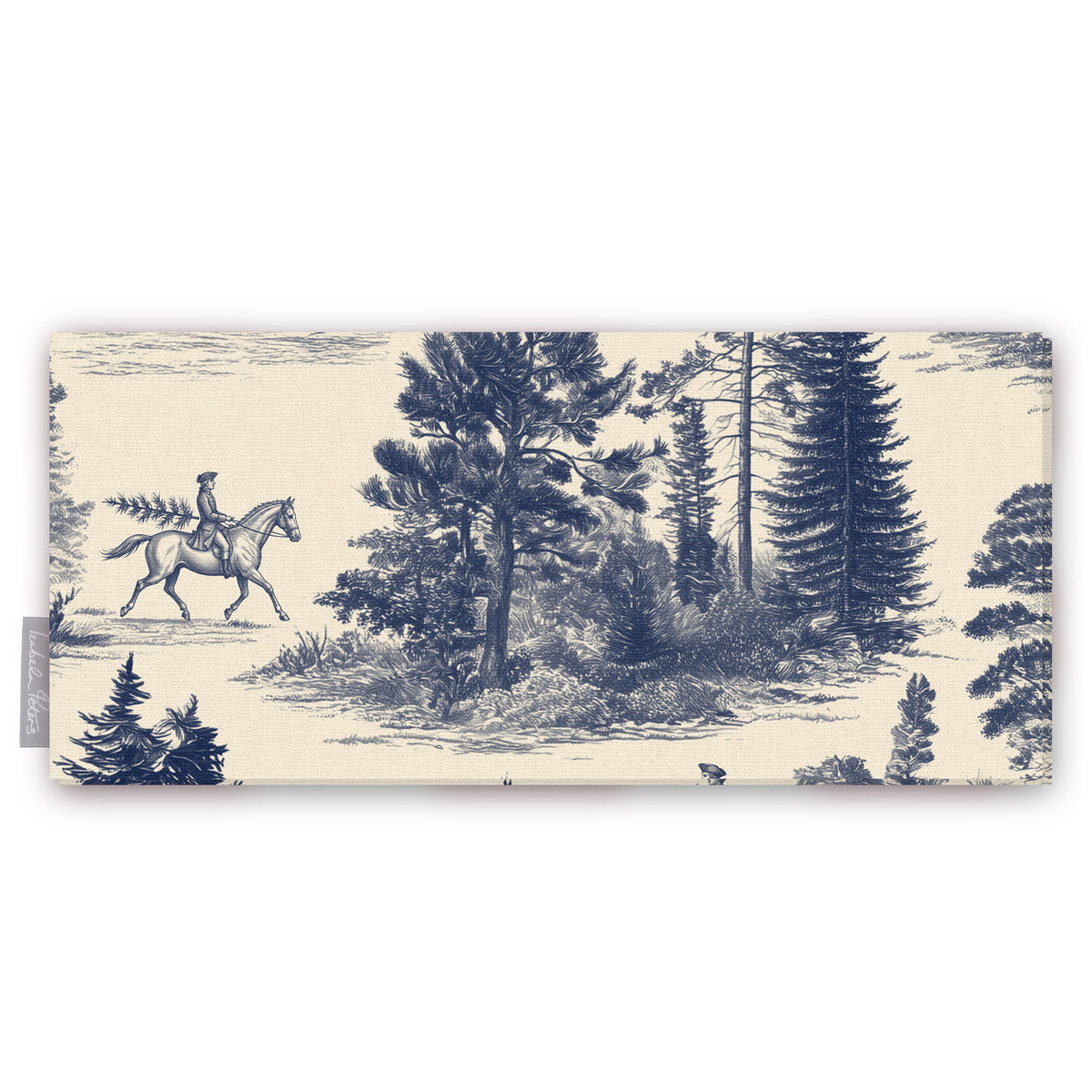 Fir Forest Toile Christmas table runner in navy on ivory, folded on white, showing a rider on horseback among fir trees