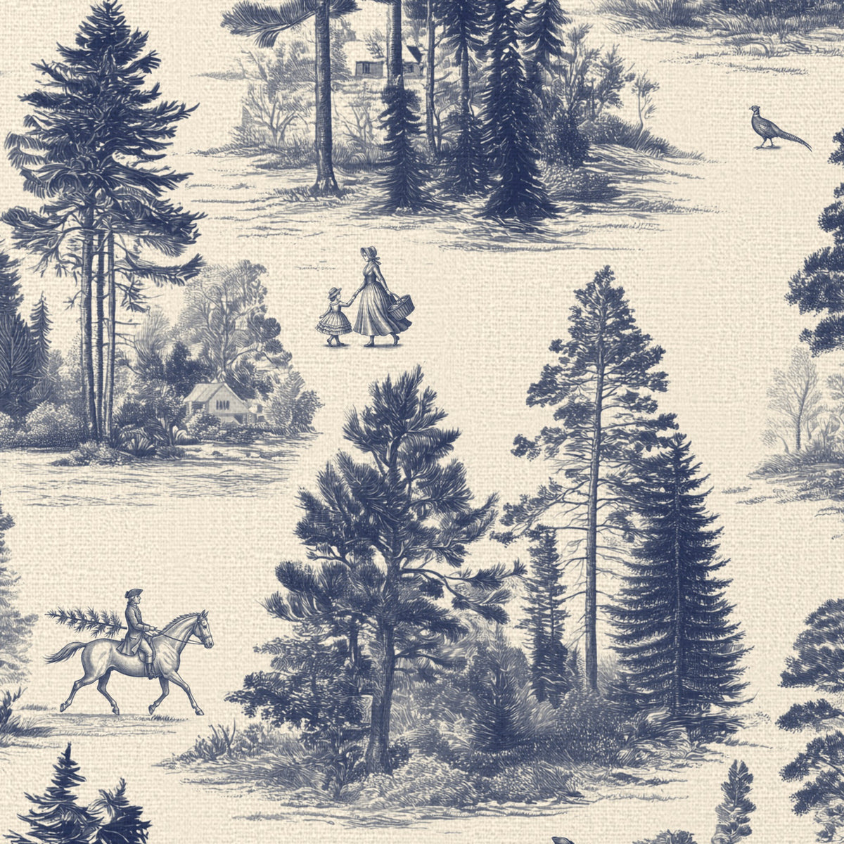 Close-up of the Fir Forest Toile Christmas table runner print in navy on ivory cotton, showing fir trees and a rider