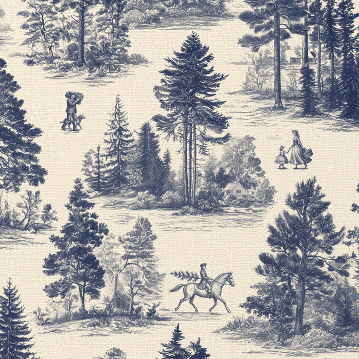 Close-up of the Fir Forest Toile Christmas tablecloth print in navy on ivory cotton, showing fir trees and a rider