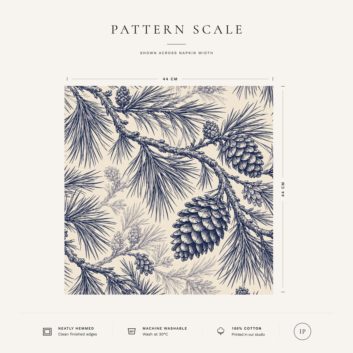 Navy on ivory Pine Bough Christmas napkin pattern scale, showing the full 44 cm by 44 cm design.