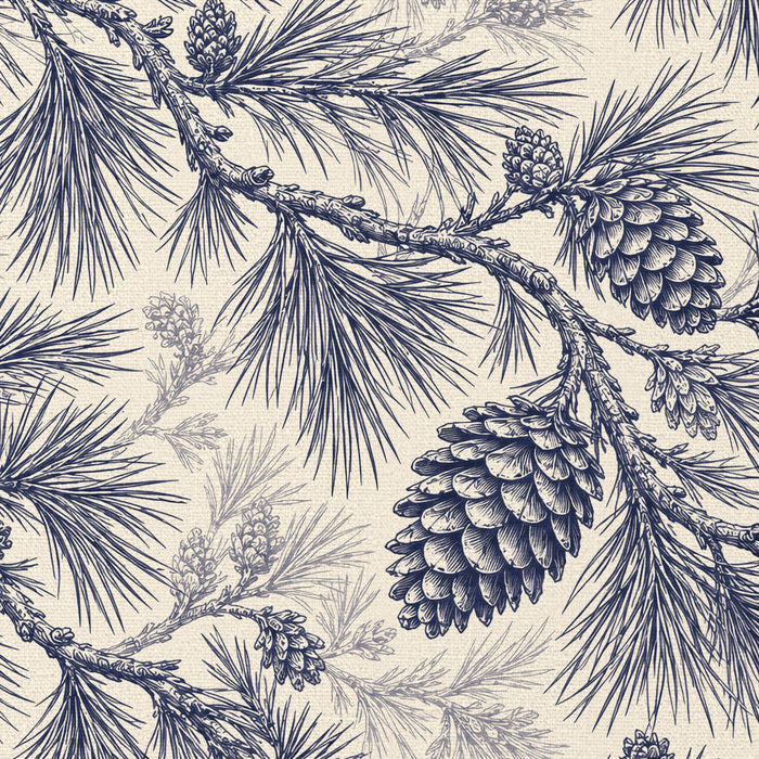 Close-up of the Pine Bough Christmas napkin print in navy on ivory cotton, showing pine boughs and cones