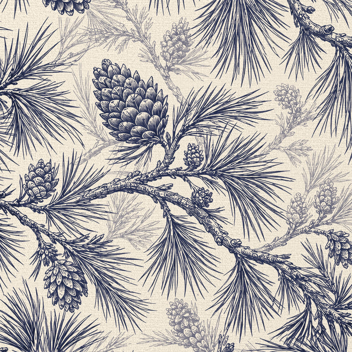 Close-up of the Pine Bough Christmas table runner print in navy on ivory cotton, showing pine boughs and cones