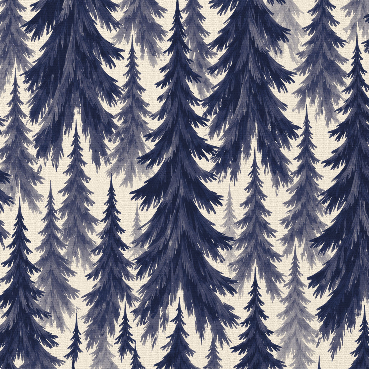 Close-up of the Spruce Stand Christmas table runner print in navy on ivory cotton, showing rows of spruce trees