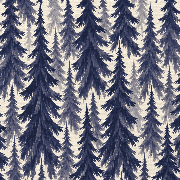 Close-up of the Spruce Stand Christmas tablecloth print in navy on ivory cotton, showing rows of spruce trees