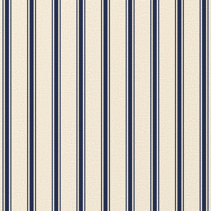 Close-up of the Ticking Stripe Christmas napkin print in navy on ivory cotton, showing fine ticking stripes