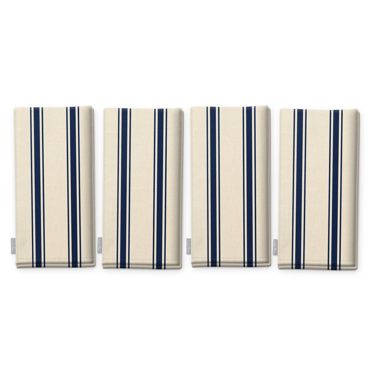 Ticking Stripe Christmas napkins in navy on ivory, set of four, folded on white, showing the same fine ticking stripes